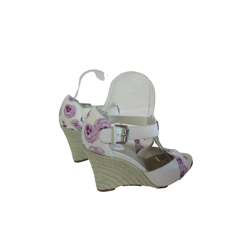 COLE HAAN Women's Purple Floral Print 6 1/2B Peep Toe Wedge T-Strap Heels